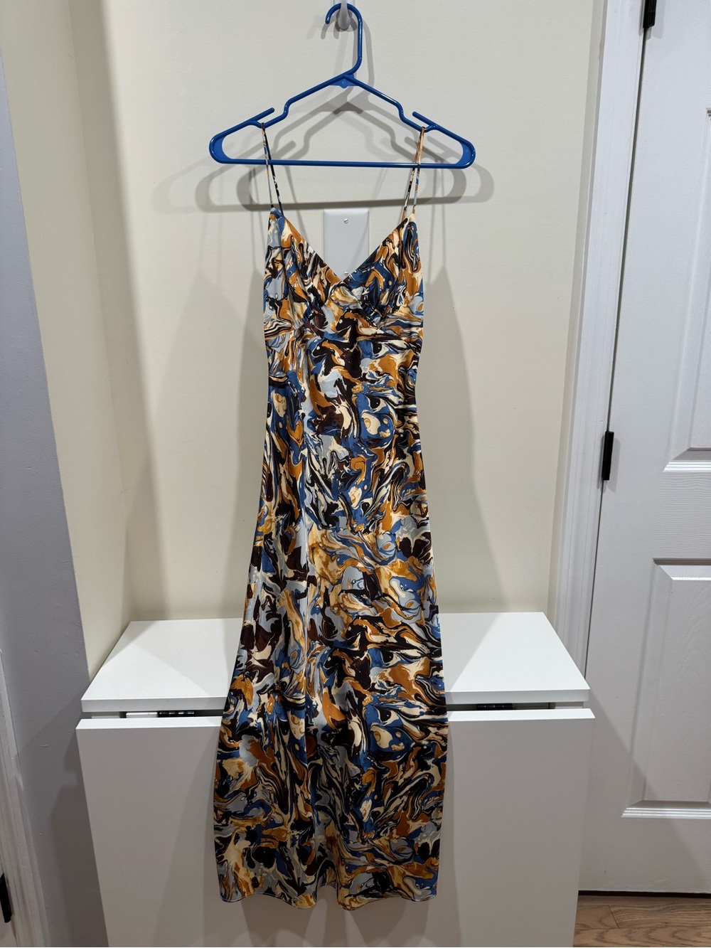 Spaghetti Strap Maxi Dress in Blue & Mustard Swirl - Picture 2 of 4